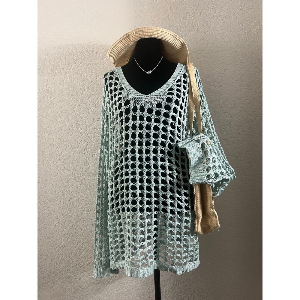 Light Blue Crochet Knit Tunic V-Neck Long Sleeve Mesh Beach Cover Up Sweater